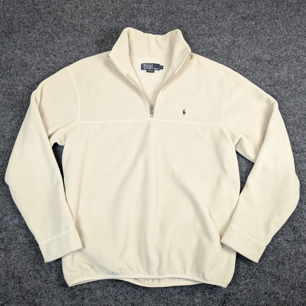 Vintage Polo Ralph Lauren Fleece Quarter Zip Pullover Cream Mens Medium USA Made